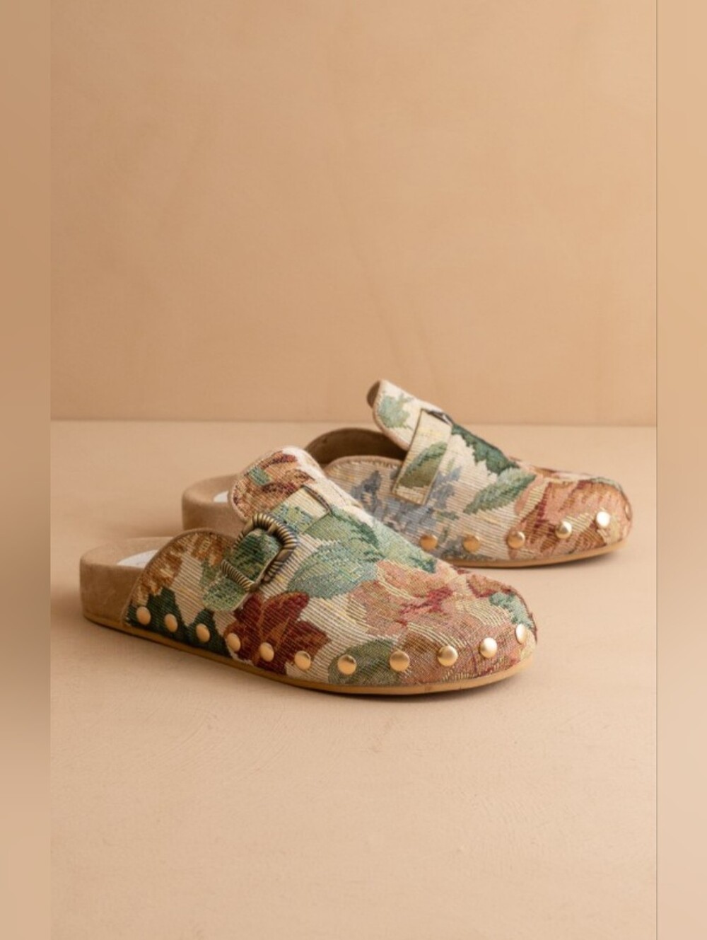 THE TONI Studded Buckle Floral Tapestry Clogs Gold Studs Boho